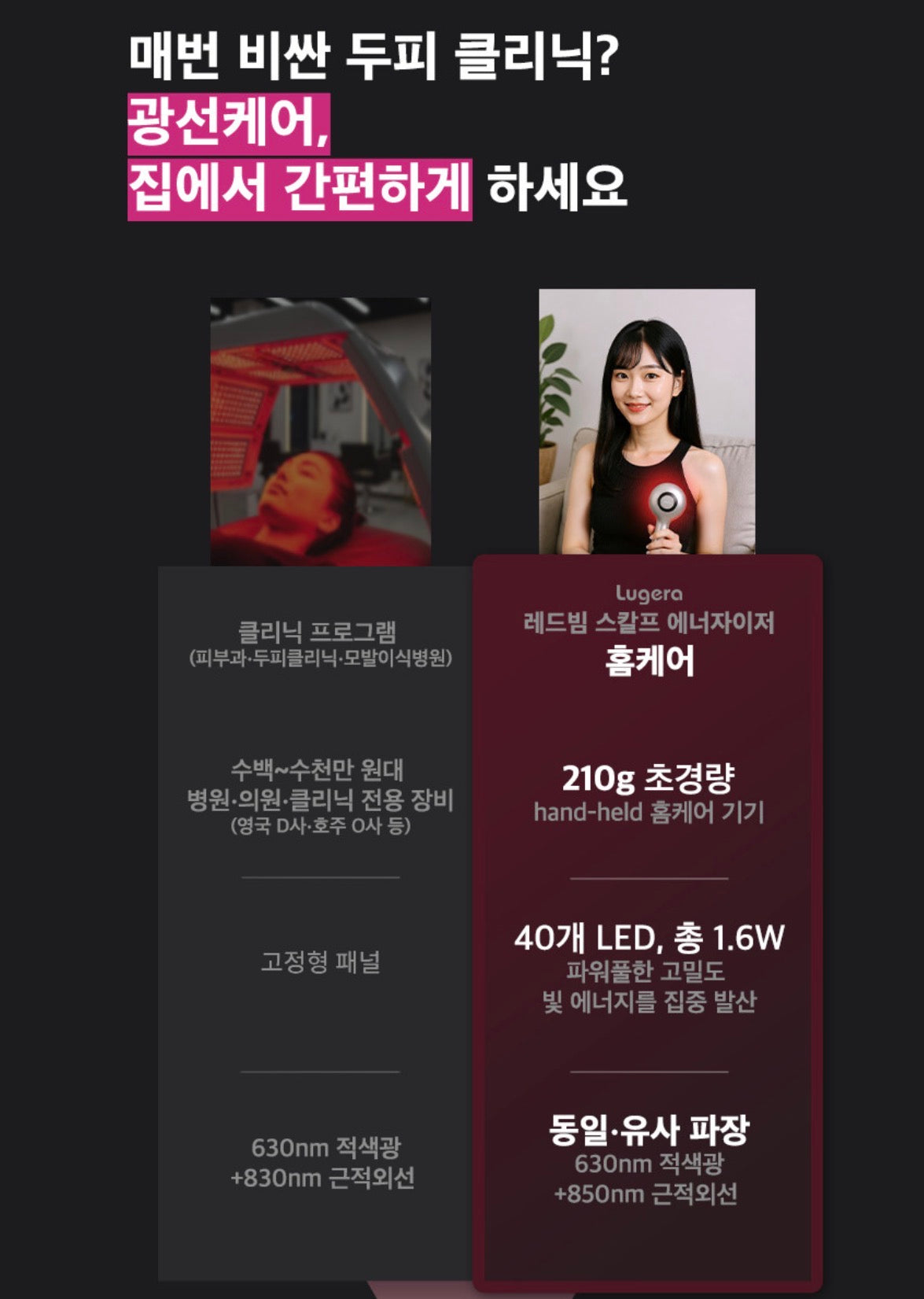 두피마사지기 루제라 레드빔 클리닉급 광선 홈케어 근적외선 LED EMS 두피클렌징 윤곽리프팅 두피관리